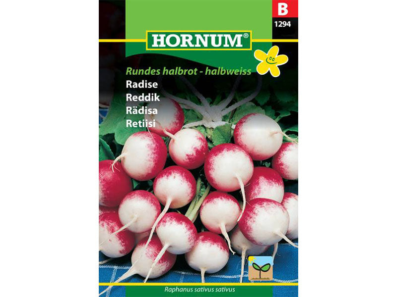 Frøpose med rund radise halvrot-halvweiss.