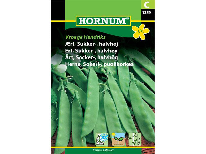 Frøpose med sukkerærter, halvvækst, sorten Vroege Hendriks.