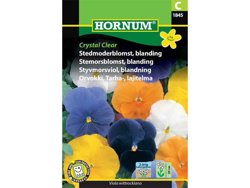 Frøpose med stedmoderblomst, sorten Crystal Clear.