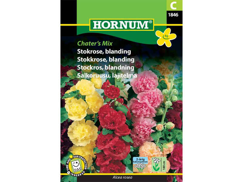 Frøpose med blandede stokrose-varianter fra Chater's Mix.