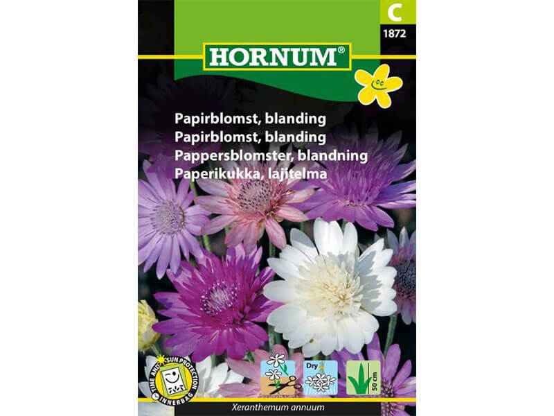 Frøpose med blandede papirblomster.