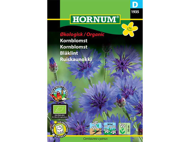 Frøpose med økologiske kornblomst frø, type Single Blue.