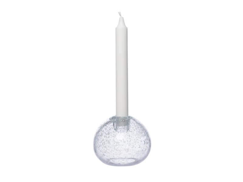 Lysestage i glas, diameter 11 cm, højde 9 cm.