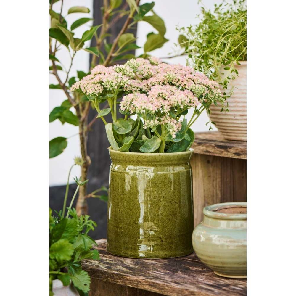 Ib Laursen Skjuler mosgrøn distressed h17 ø14,8 cm med blomster