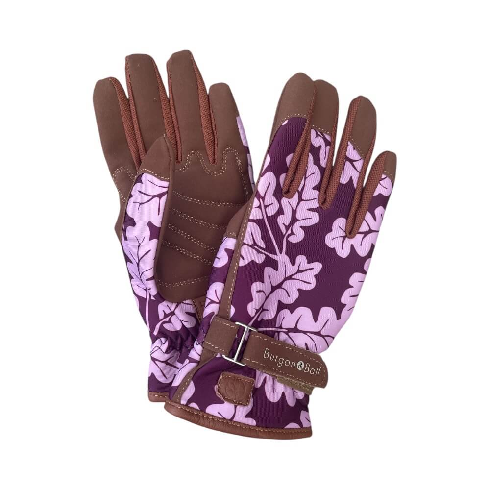Oak Leaf havehandsker i str. S/M i lilla farver med balddesign fra Burgon&Ball
