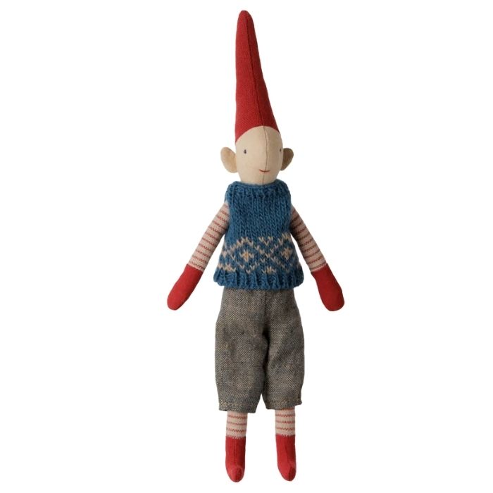 Maileg nisse, Pixy, Str. 1 - Dreng - Blå strikket vest