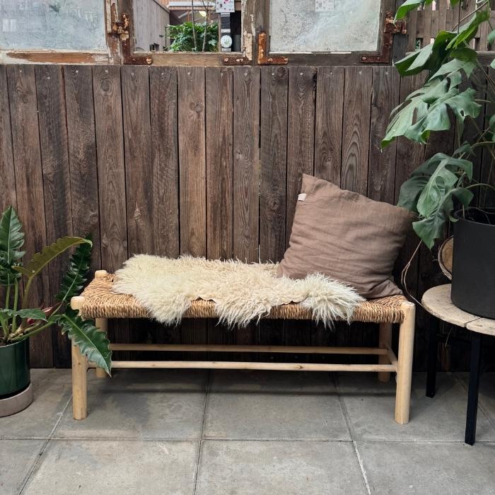 Træbænk med fletsæde h42,5l116w35cm