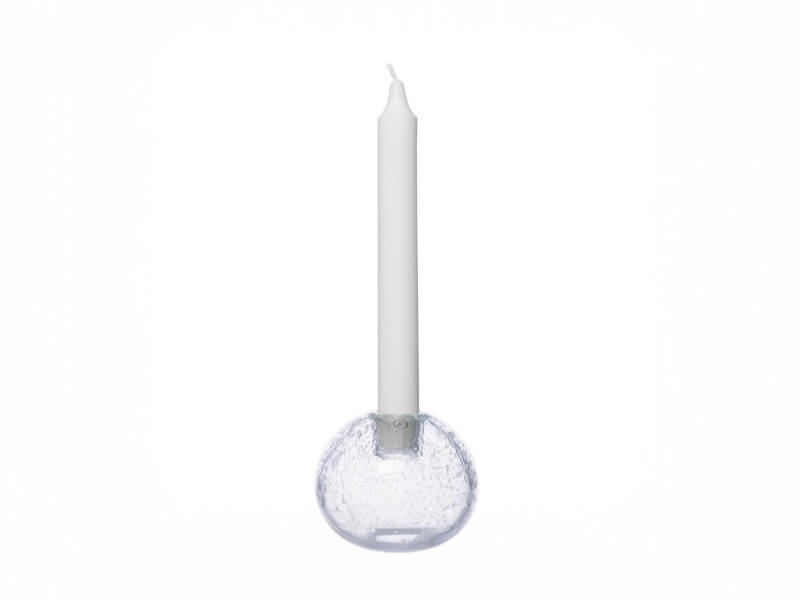 Lysestage i glas, diameter 9 cm, højde 7,5 cm.
