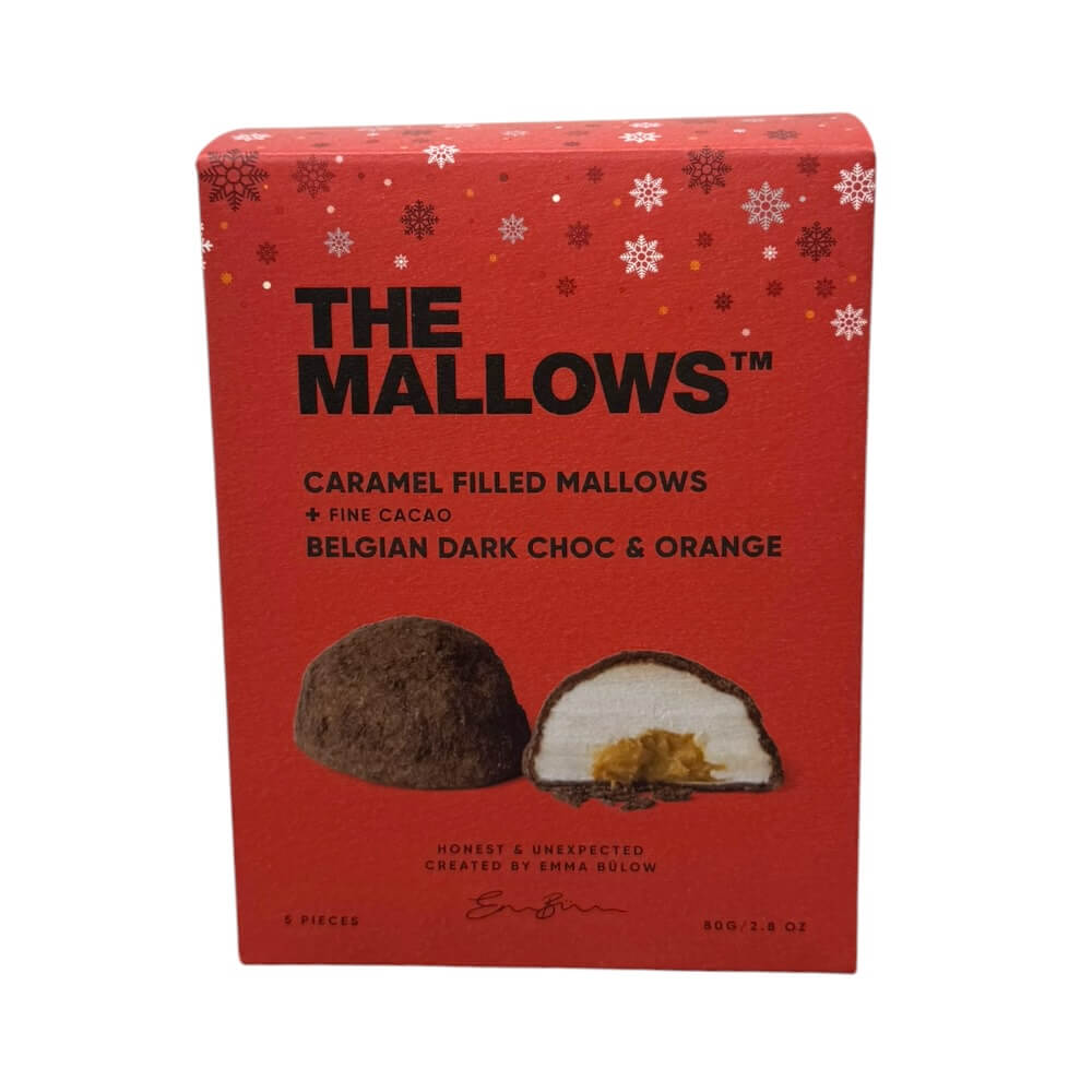 The Mallows, karamelfyldte skumfiduser med belgisk mørk chocolate & orange – 80 g